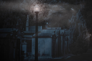 Wall Mural - Cemetery in a foggy night