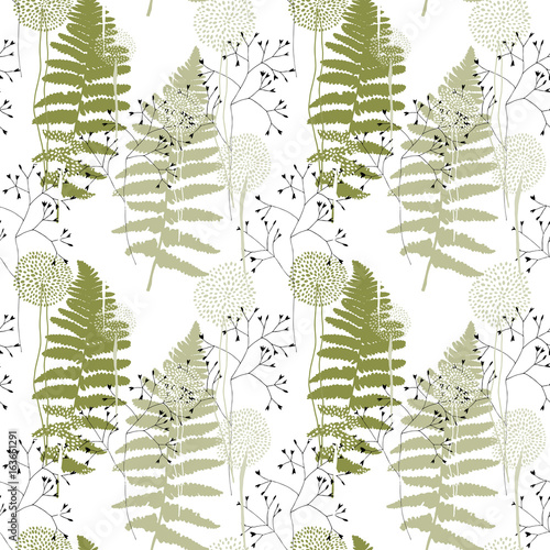 Floral pattern with fern leaves, dandelions and grasses.