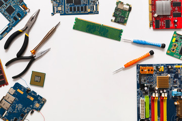 Aufkleber - Computer upgrade. Motherboard and tools flat lay