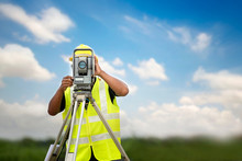 Survey Engineer In Construction Site Use Theodolite Mark A Concrete Pile Co Ordinate
