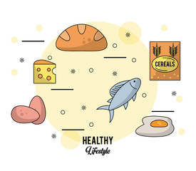 Poster - colorful poster healthy lifestyle with set of foods eggs cheese and bread and fish and cereals