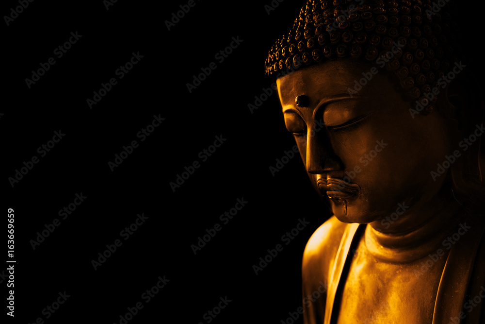 closeup face of zen stone art buddha in dark for background asian way tranquil of meditation and religious. - obrazy, fototapety, plakaty 