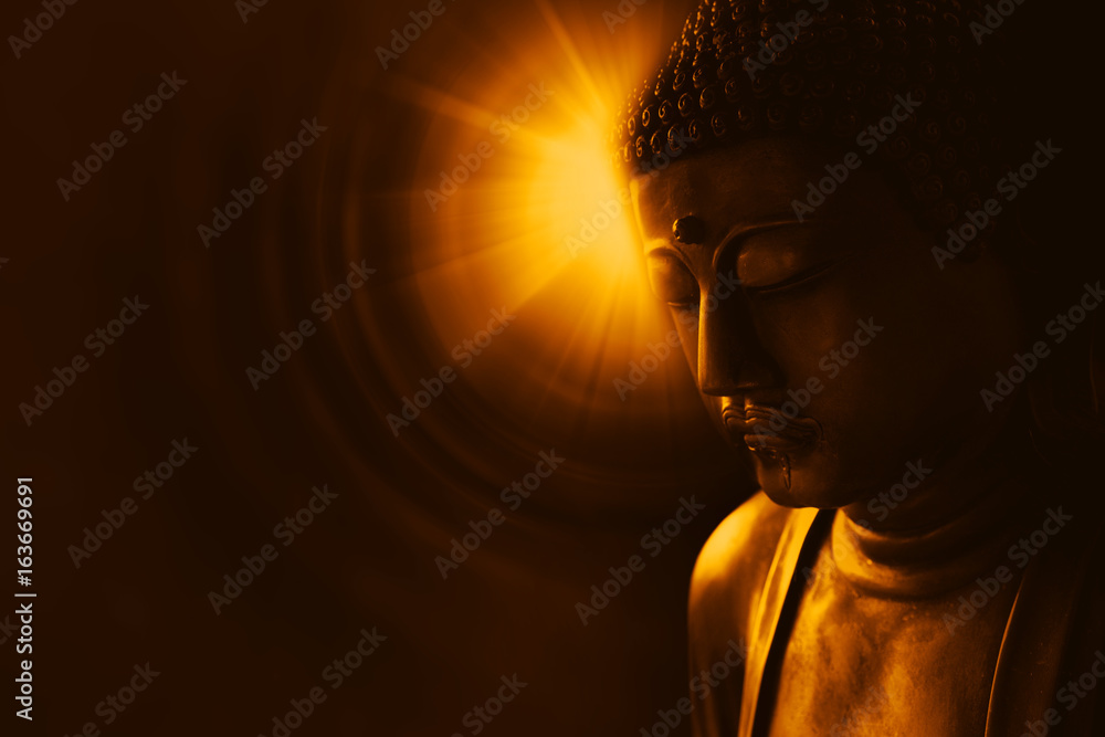 buddha with light of wisdom, peacful asian buddha zen tao religion art style statue. - obrazy, fototapety, plakaty 