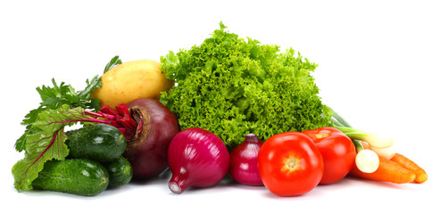 Wall Mural - Assortment of fresh raw vegetables isolated on white background. Tomato, cucumber, onion, salad, carrot, beetroot, potato