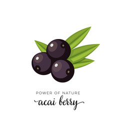 Wall Mural - Black acai berry flat icon with inscription colorful vector illustration of eco food isolated on white.