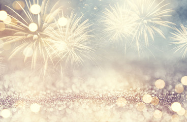 Wall Mural - vintage fireworks and bokeh in new year eve and space for text. abstract background holiday.
