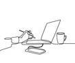 © Valenty - Continuous line drawing. Laptop computer with cup of coffee and hand with pen, phone. Vector illustration