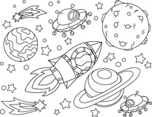 The Rocket Flies To The Moon Coloring Book. Antistress Planet, Earth And Moon Vetor Illustration In Zentangle Style.
