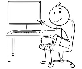 Poster - Vector Stick Man Cartoon of Man Pointing at Empty Computer Screen Display