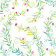 hand painted watercolor flower design on white background, tiny pretty pink flowers on vine in soft blue greens and yellows, floral wallpaper