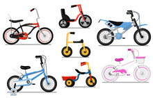 Different Types Bicycle For Kids Set. Tricycle And Classic Bikes For Boy And Girl, Children Toy Isolated Vector Illustration In Flat Design. Outdoor People Transportation And Travel Activity.