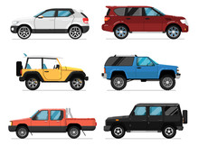 Modern city car set. Hatchback, universal, pick up, van, off road truck, suv isolated vector illustration on white background. Comfortable auto vehicle, side view people city transport in flat design.