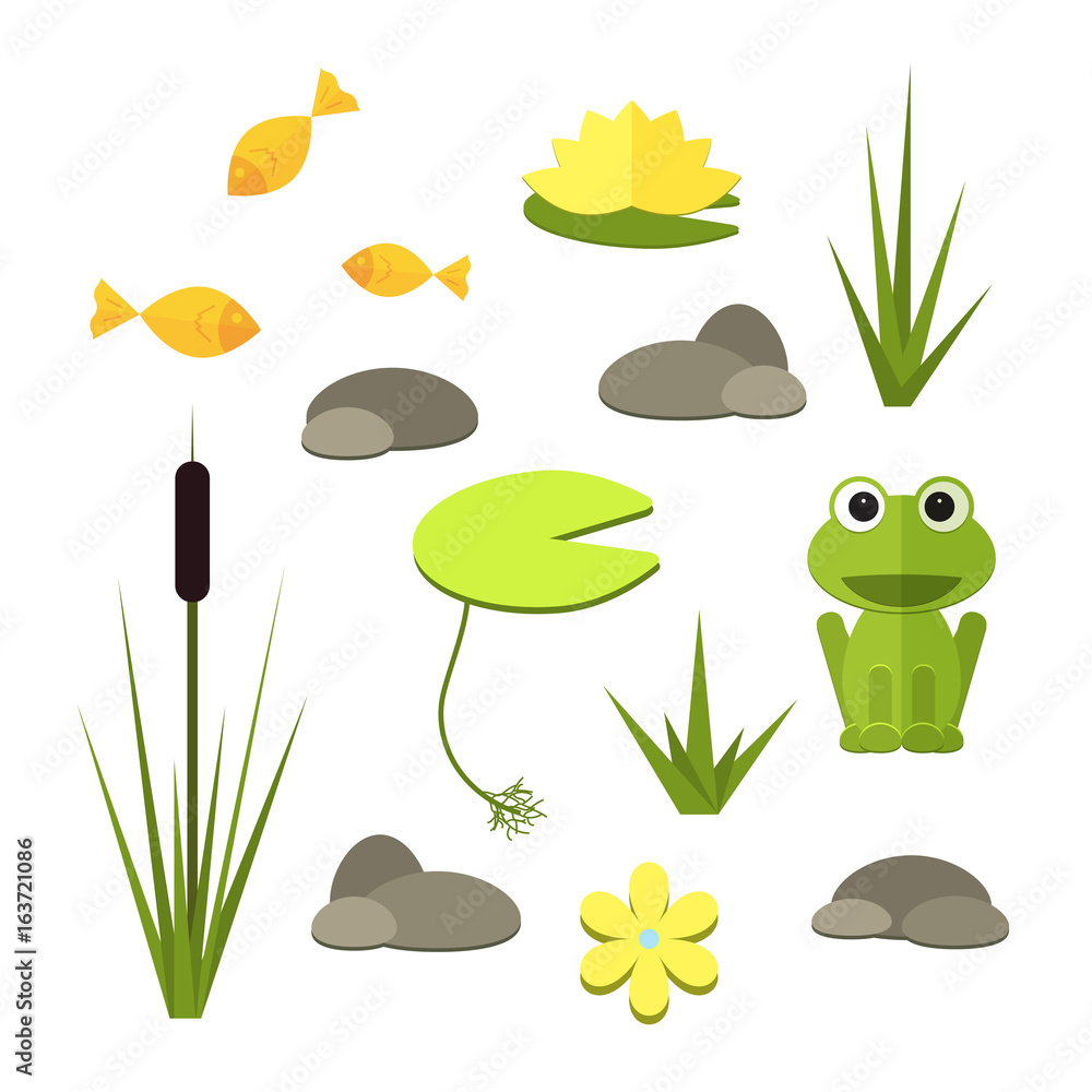 Cartoon vector garden pond elements with water, plants and animals ...