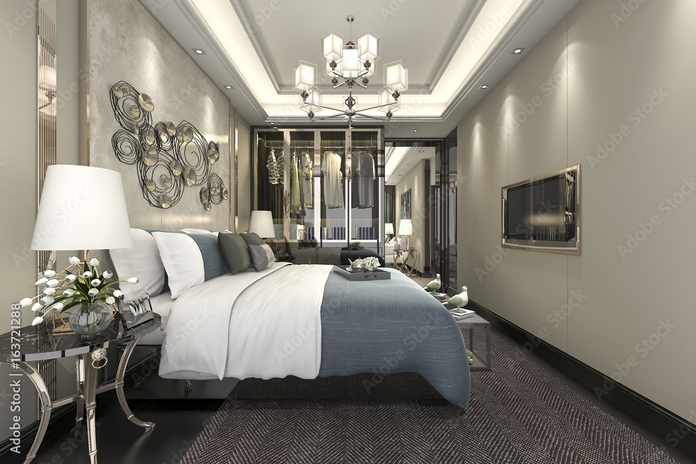 3d Rendering Luxury Modern Bedroom Suite In Hotel With