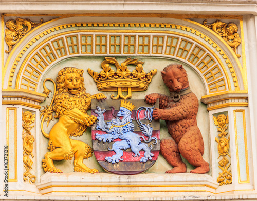 Heraldic lion and bear, town hall Coat of arms , the city arm of Bruges, Belgium, Europe Poster Mural XXL