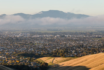 aerial view of Blenheim town in New Zealand at sunset