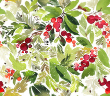 Seamless Watercolor Christmas Pattern With Berries And Spruce