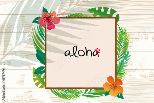 夏のイメージのイラスト ハイビスカスとヤシの木のグリーティングカード Stock Vector Adobe Stock