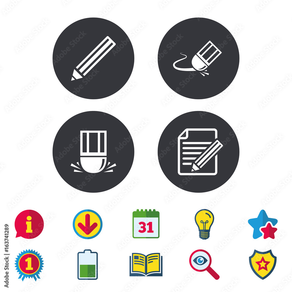 Pencil icon. Edit document file. Eraser sign. Correct drawing symbol ...