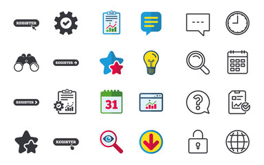 Sticker - Register with hand pointer icon. Mouse cursor symbol. Membership sign. Chat, Report and Calendar signs. Stars, Statistics and Download icons. Question, Clock and Globe. Vector