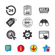 © blankstock - Repair fix tool icons. 24h Customer support service signs. 100% quality guarantee symbol. Cogwheel gear with wrench key. Browser window, Report and Service signs. Vector