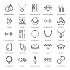 Wall Mural - Jewelry flat line icons, jewellery store signs. Jewels accessories - gold engagement rings, gem earrings, silver chain, engraving necklaces, brilliants. Thin linear signs for fashion store.