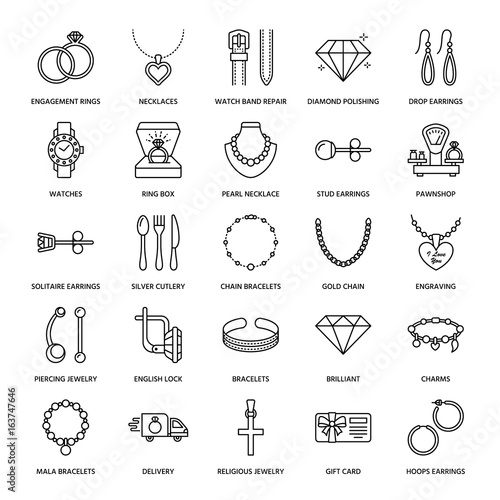 Fotomural Jewelry flat line icons, jewellery store signs