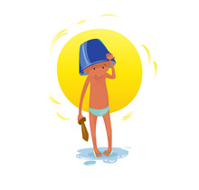 Digital Vector Funny Comic Cartoon Small Kid With A Blue Buck On Head Paying With A Wooden Sword At The Beach In Water With Sun, Naked In Slips, Hand Drawn Illustration, Abstract Realistic Flat Style