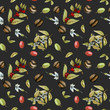 Seamless pattern with watercolor flowering branches of coffee, red and green coffee beans, hand painted isolated on a dark background