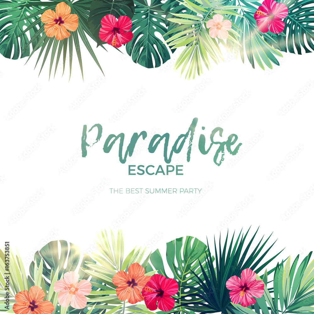 Green summer tropical background with exotic palm leaves and hibiscus flowers. Vector floral background. - obrazy, fototapety, plakaty 