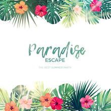 Green Summer Tropical Background With Exotic Palm Leaves And Hibiscus Flowers. Vector Floral Background.