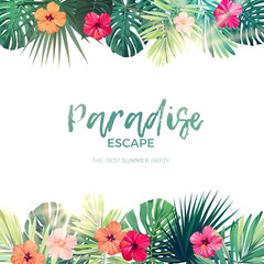 green summer tropical background with exotic palm leaves and hibiscus flowers. vector floral backgro
