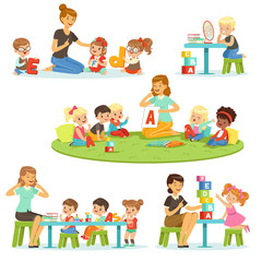 Wall Mural - Teacher explaining alphabet to children around her set. Smiling little boys and girls playing and studying in kindergarten vector illustrations