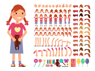 Poster - Cartoon cute little girl character. Vector creation constructor with different emotions and body parts