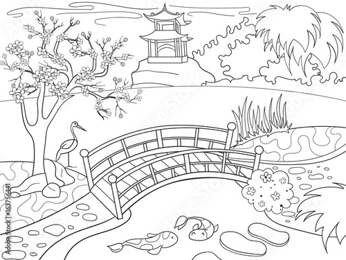 Dekoracja na wymiar  charakter-japonii-kolorowanka-dla-dzieci-kreskowki-ilustracja-wektorowa-japonskiego-ogrodu
