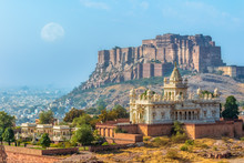 Moon Over Mehrangarh Fort With Jaswant Thada.