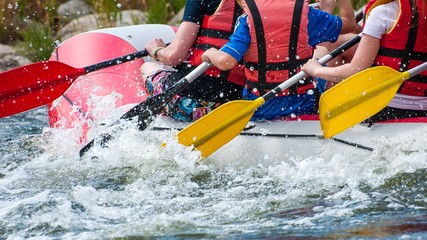 Rafting. Close-up view of oars with splashing water.