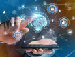 © Production Perig - International business network connection displayed on a futuristic interface with technology icon and sphere globe - Worldwide business concept