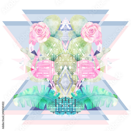 Abstract geometric poster with watercolor flamingo, cactus, rose and palm lea...