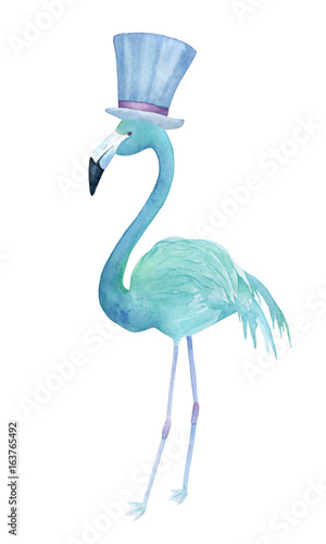 Watercolor blue flamingo in a hat. Hand-drawn illustration