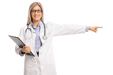 Poster - Female doctor holding a clipboard and pointing right