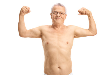 Canvas Print - Shirtless elderly man flexing his biceps