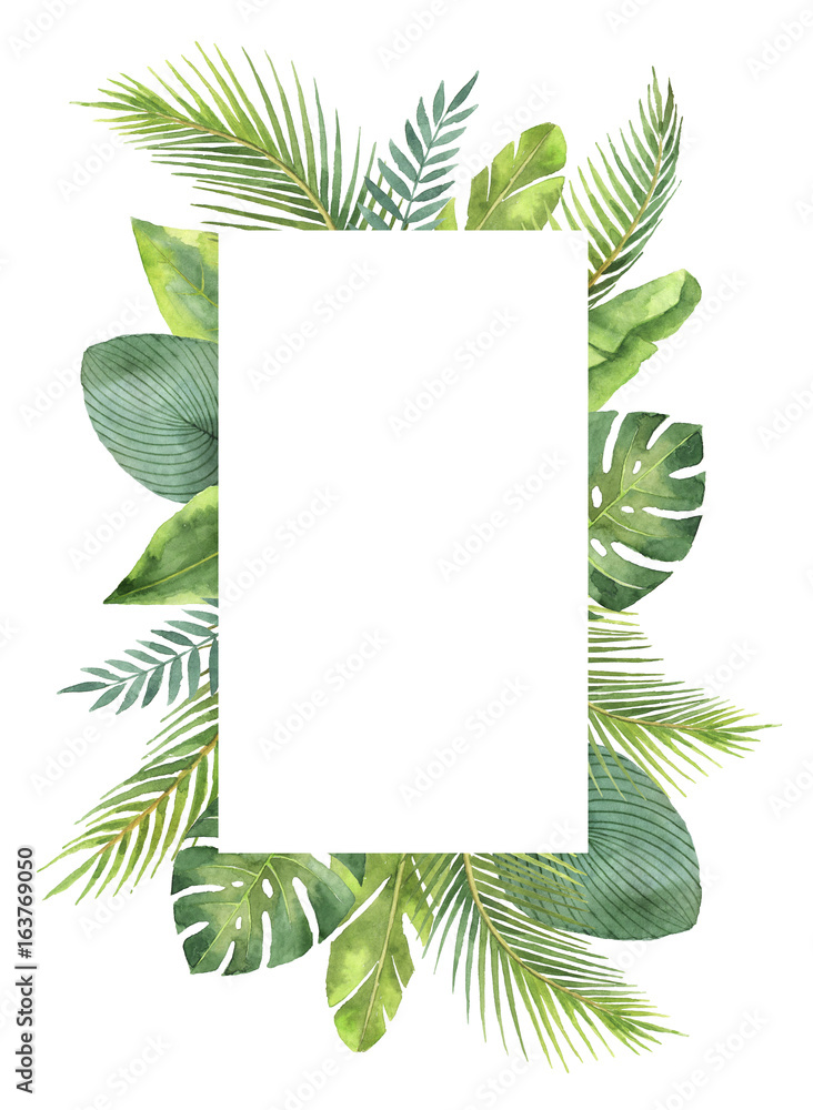 Watercolor frame tropical leaves and branches isolated on white ...