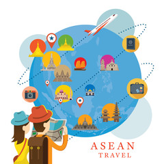 Wall Mural - Traveller with Globe and Southeast Asia Map and Landmarks