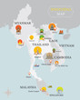 © muchmania - Indochina Map with National Capital Landmarks Icons