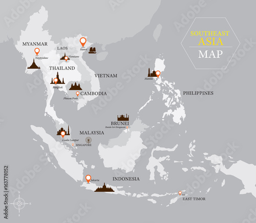 Fotomural Southeast Asia Map with Country and Capital Location