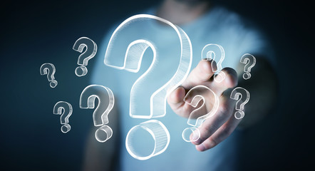 Poster - Businessman touching hand drawn question marks