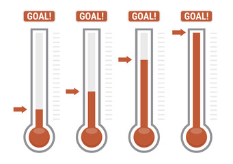 vector thermometers at different levels, donation for fundraise or charity goals