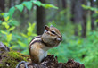 Little chipmunk gnaws nuts on a log in a dense green forest