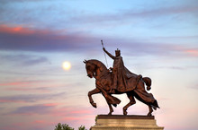 The Moon Over The Apotheosis Of St. Louis Statue Of King Louis IX Of France, Namesake Of St. Louis, Missouri In Forest Park, St. Louis, Missouri.